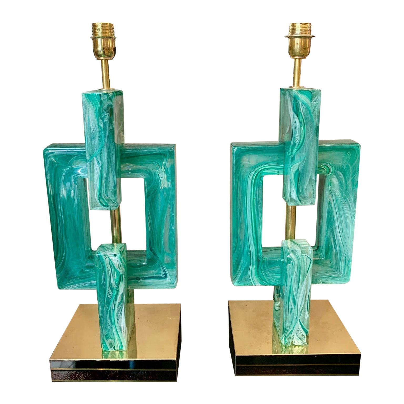 Pair of Emerald Green Murano Table Lamps, 1970s