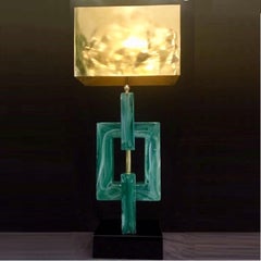 Pair of Emerald Green Murano Table Lamps Brass Lampshades, 1970s