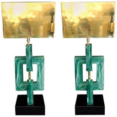 Pair of Emerald Green Murano Table Lamps Brass Lampshades, 1970s