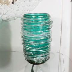 Pair of Emerald Green Swirl Murano Glass Vases by Cenedese, Signed, 2019