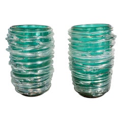 Pair of Emerald Green Swirl Murano Glass Vases by Cenedese, Signed, 2019