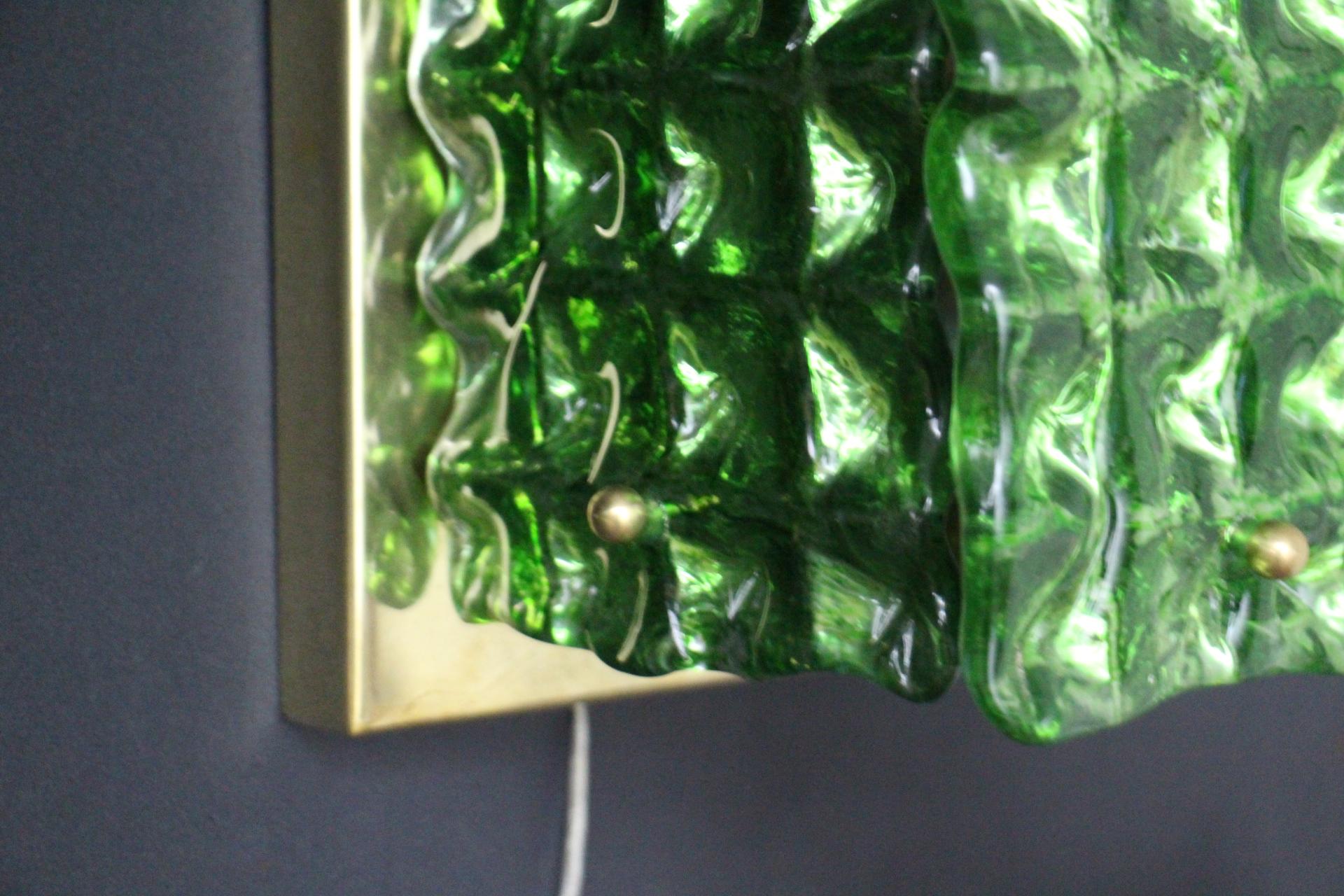 Contemporary Pair of Emerald Green Textured Murano Glass Wall Lights , Mazzega Style  For Sale