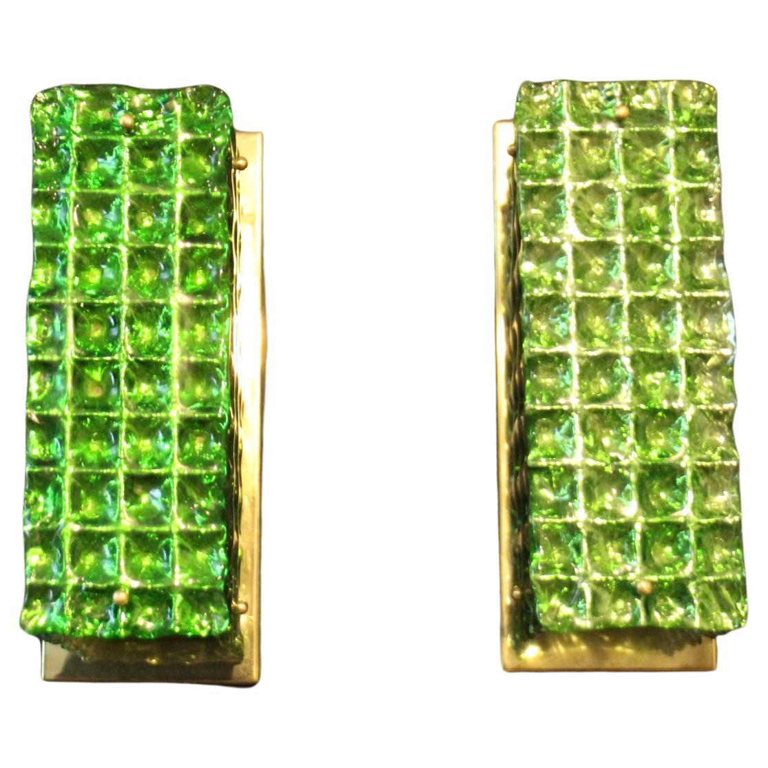Pair of Emerald Green Textured Murano Glass Wall Lights , Mazzega Style  For Sale