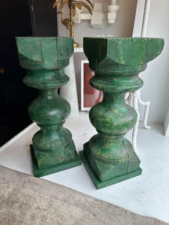 Pair of Emerald Green Weathered Carved Wood Pedestals, PAIR