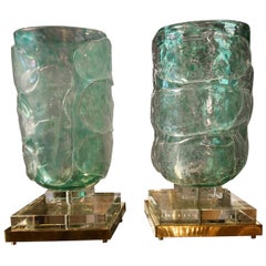 Pair of Emerald Murano Glass Table Lamps, 1980s