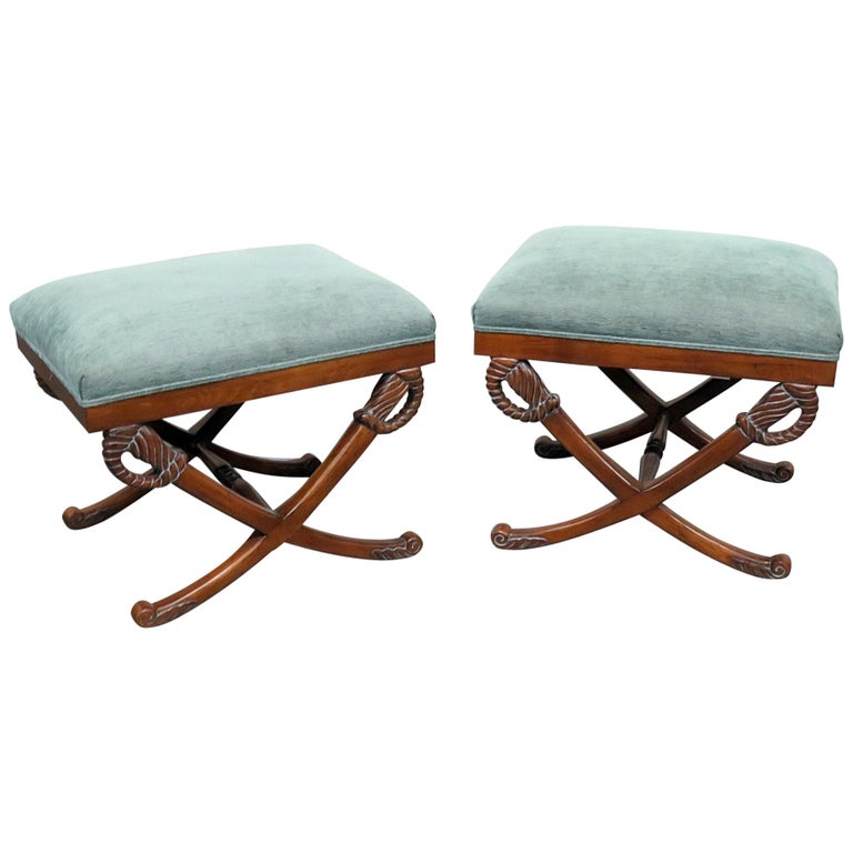 Pair Sword And Scabbard French Regency Style Carved Benches Stools