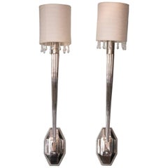 Pair of Émile-Jacques Ruhlmann Style Nickel Sconces, France, circa 1925
