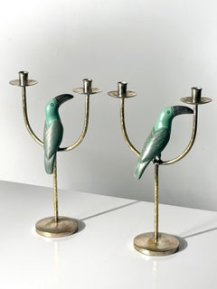 Vintage Silver Plate Candelabras with Toucans by Emilia Castillo Mexico 1980's