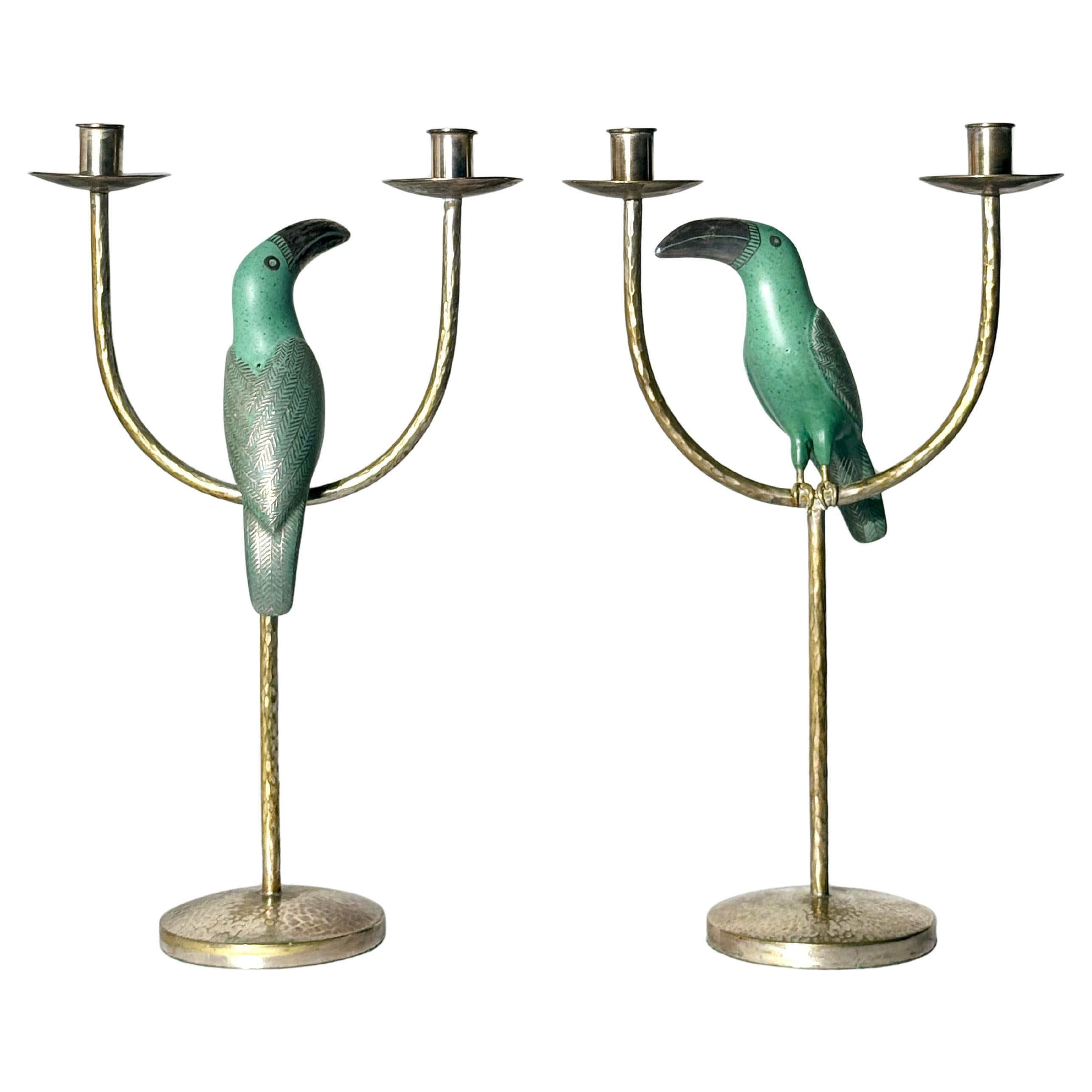 Vintage Silver Plate Candelabras with Toucans by Emilia Castillo Mexico 1980
s