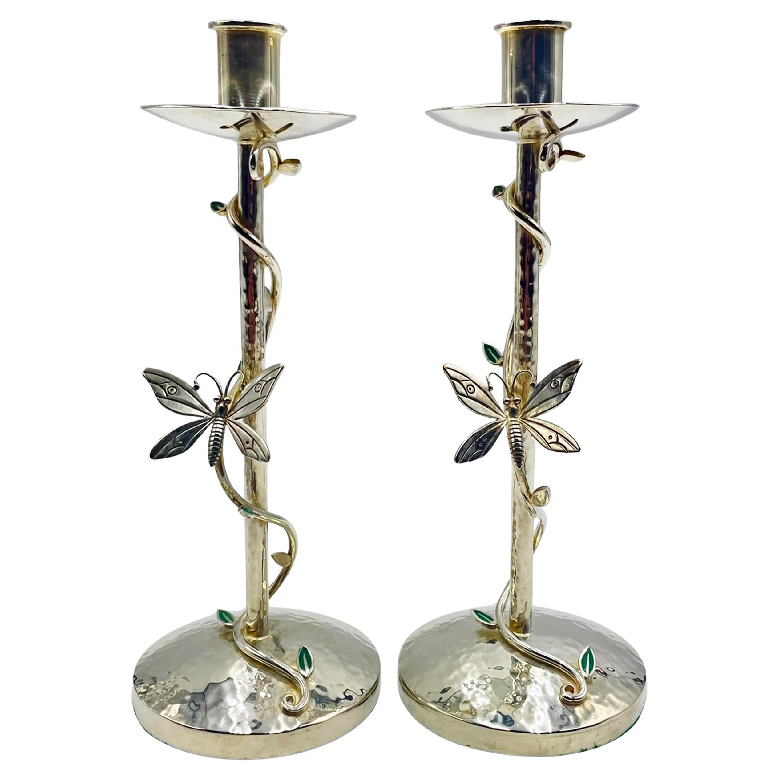 Pair of Emilia Castillo Silver-Plated Candlesticks with Emerald Stone Inlay in vendita