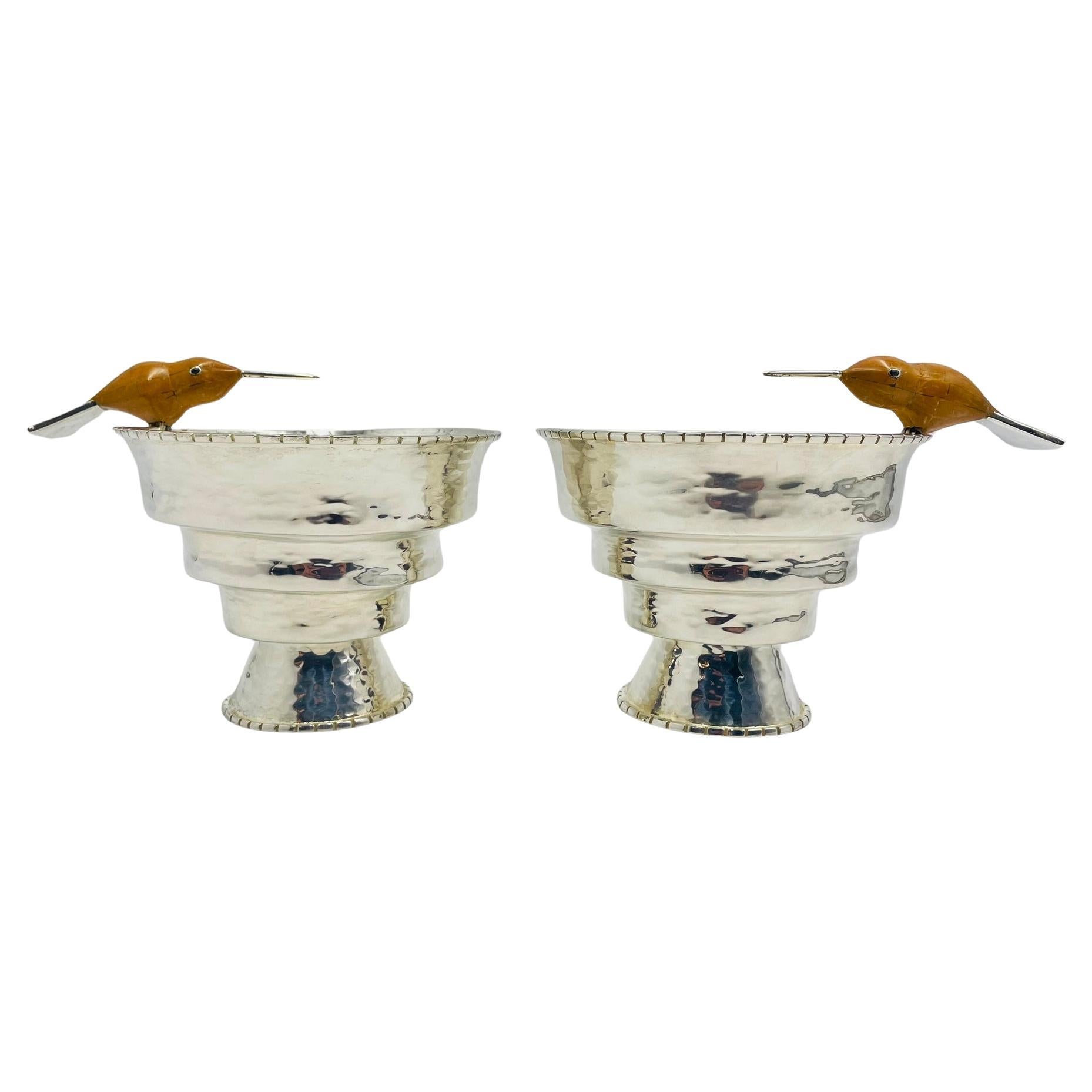 Pair of Emilia Castillo Silver-Plated Vases with Jasper Hummingbirds, Mexican For Sale