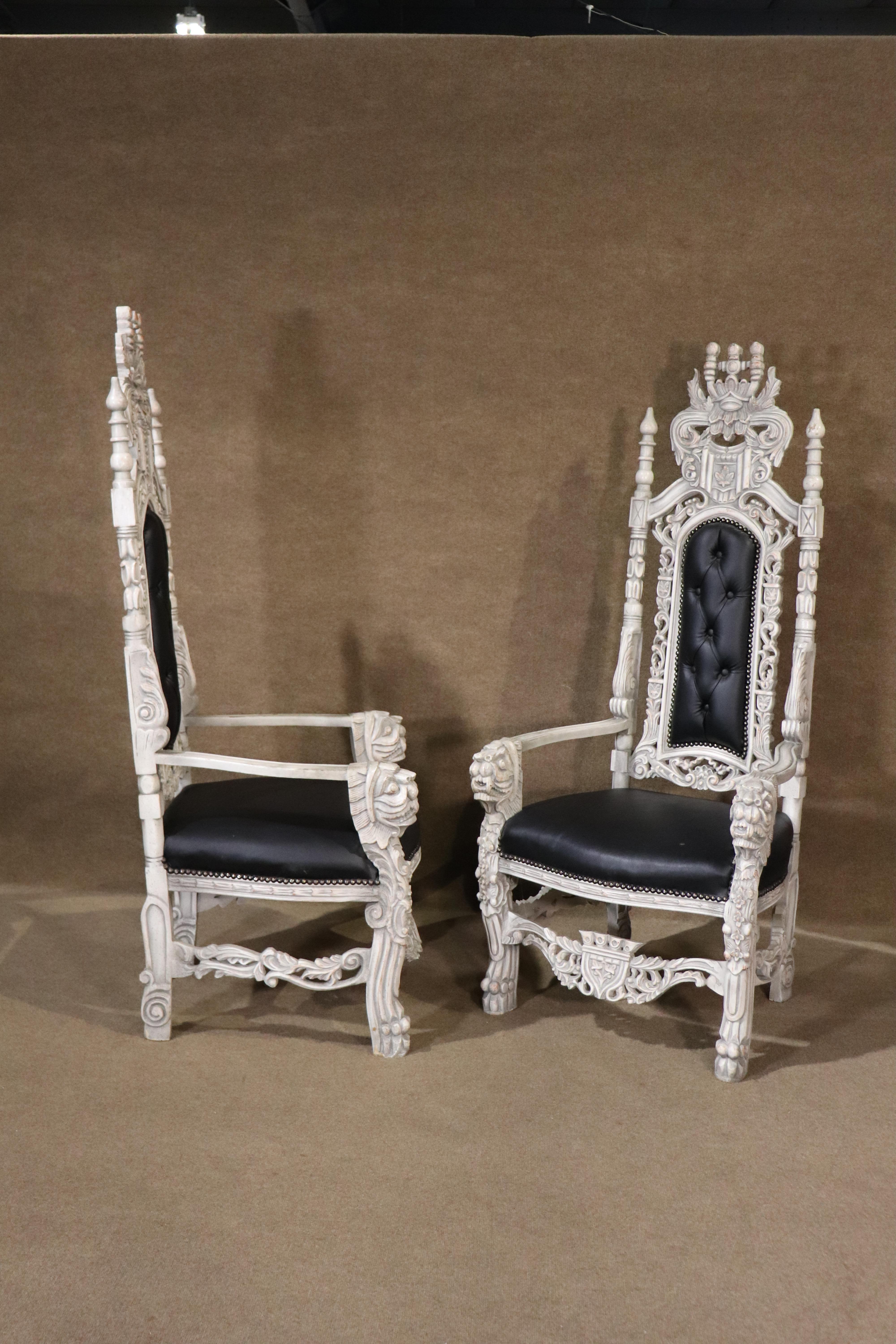 This pair of throne chairs is fully embellished with carved wood, and tufted faux leather. As seen in the Hunger Game's movie, as President Snow's throne, now you can preside over your house in a proper throne!
Please confirm location NY or NJ