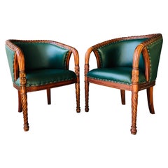 Art Deco Braided Lattice Back Fruitwood Carved Armchairs