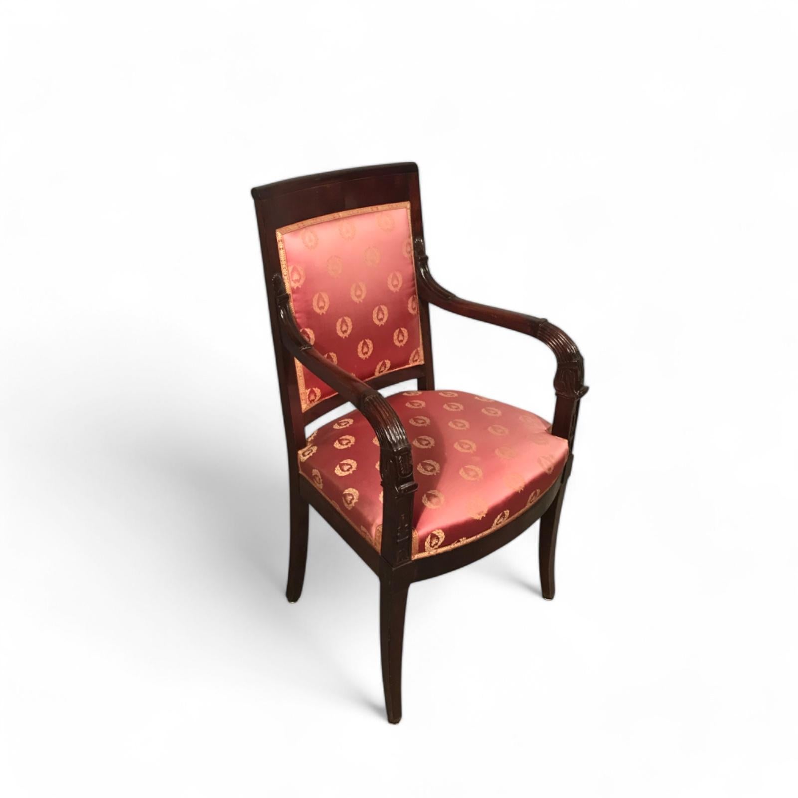 Hand-Carved Pair of Empire Armchairs, France ca. 1810 For Sale