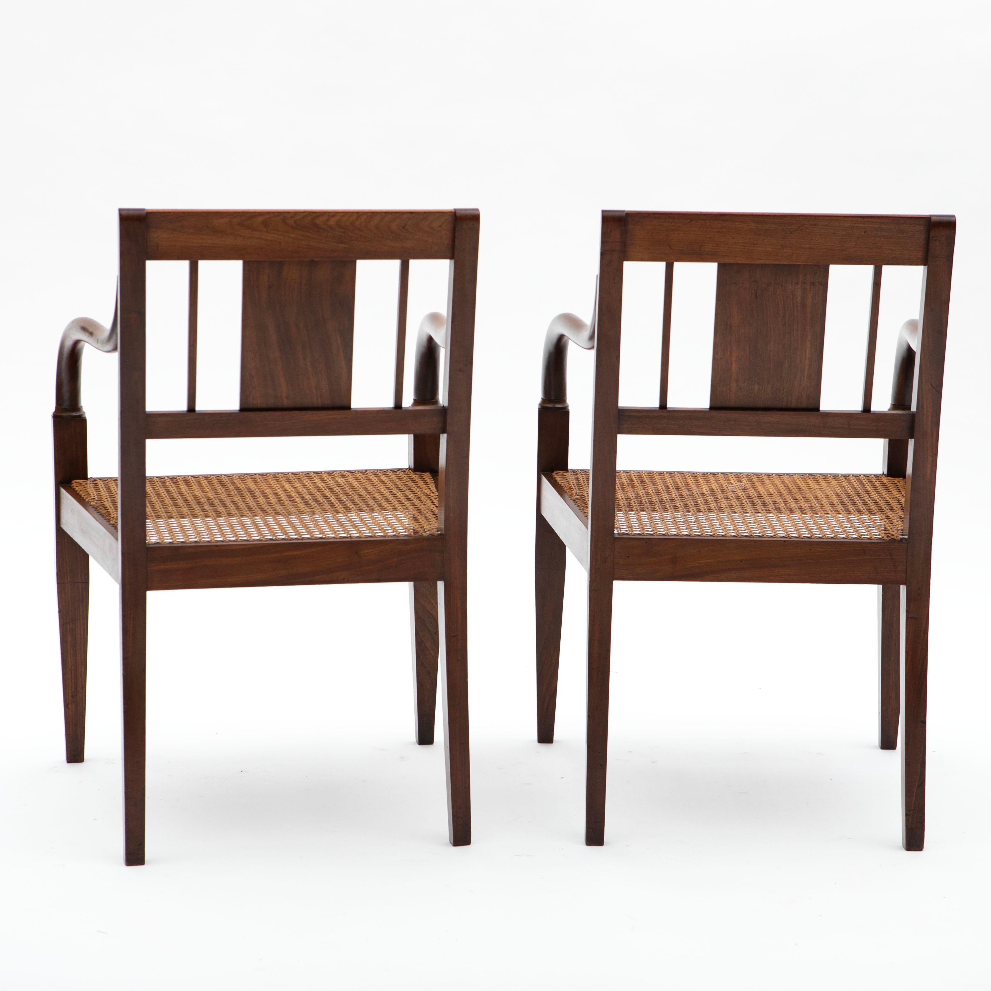 Pair of Empire Armchairs in Mahogany with Satinwood Inlays Original Cane Seat In Good Condition For Sale In Kastrup, DK