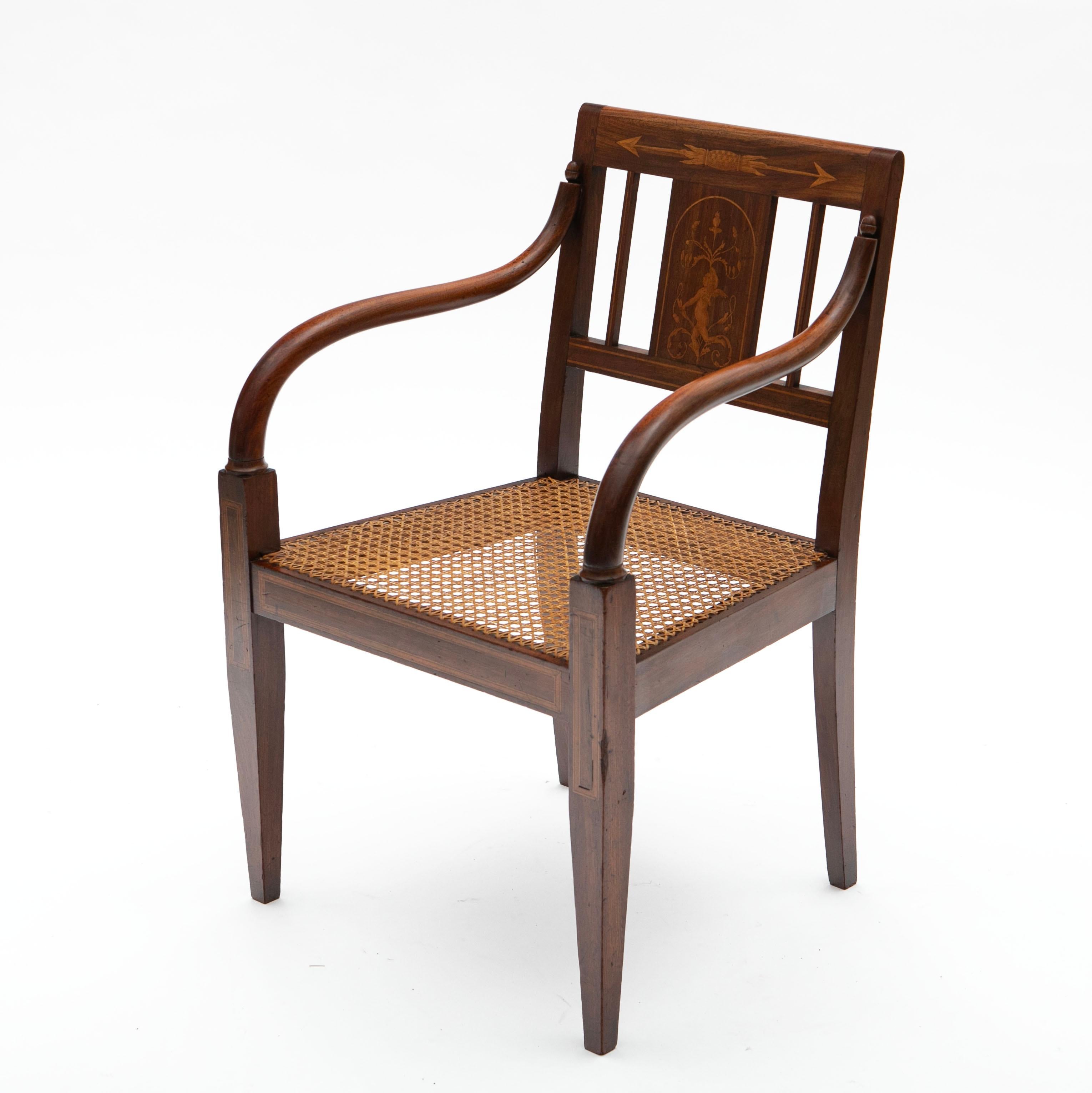 Pair of Empire Armchairs in Mahogany with Satinwood Inlays Original Cane Seat For Sale 1
