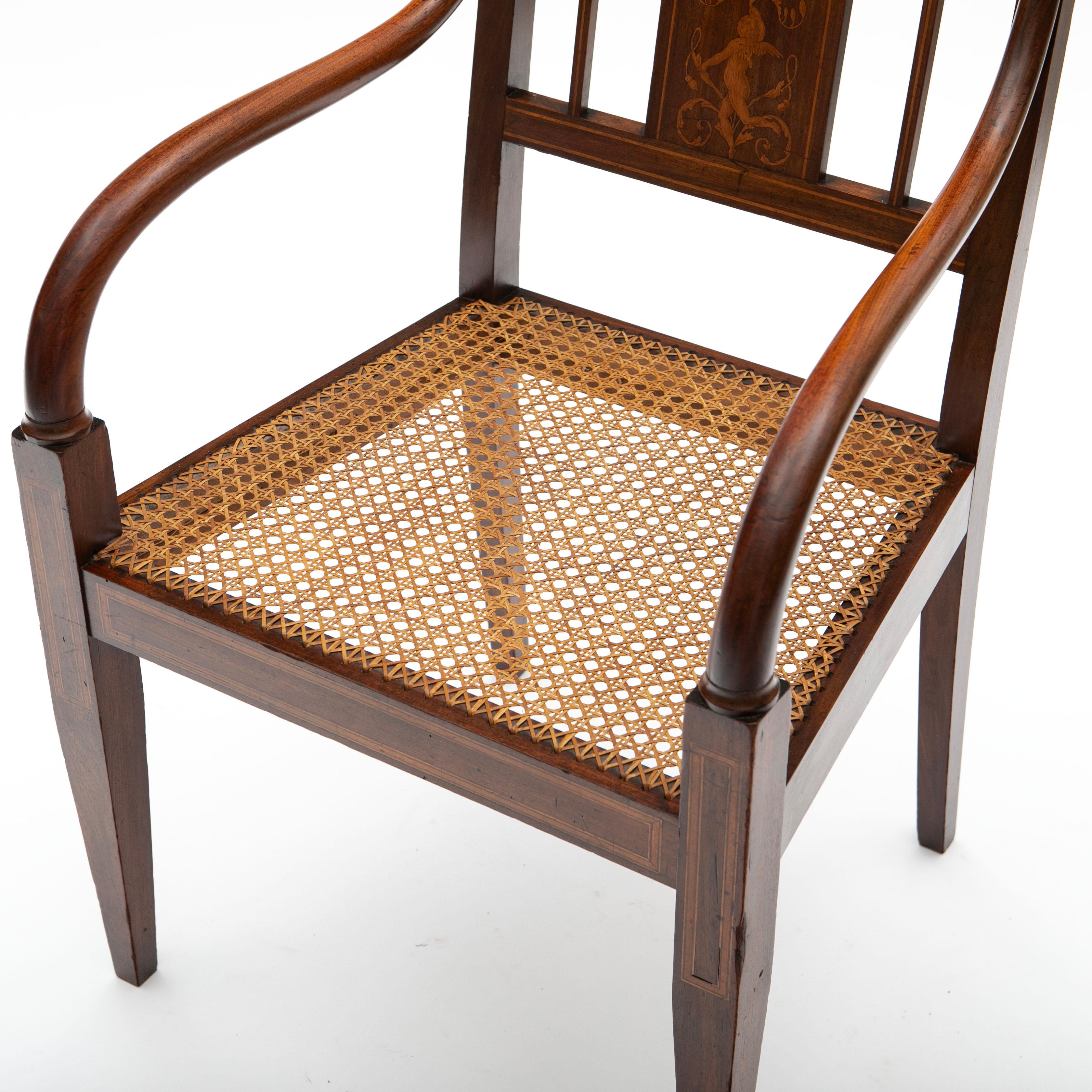 Pair of Empire Armchairs in Mahogany with Satinwood Inlays Original Cane Seat For Sale 2