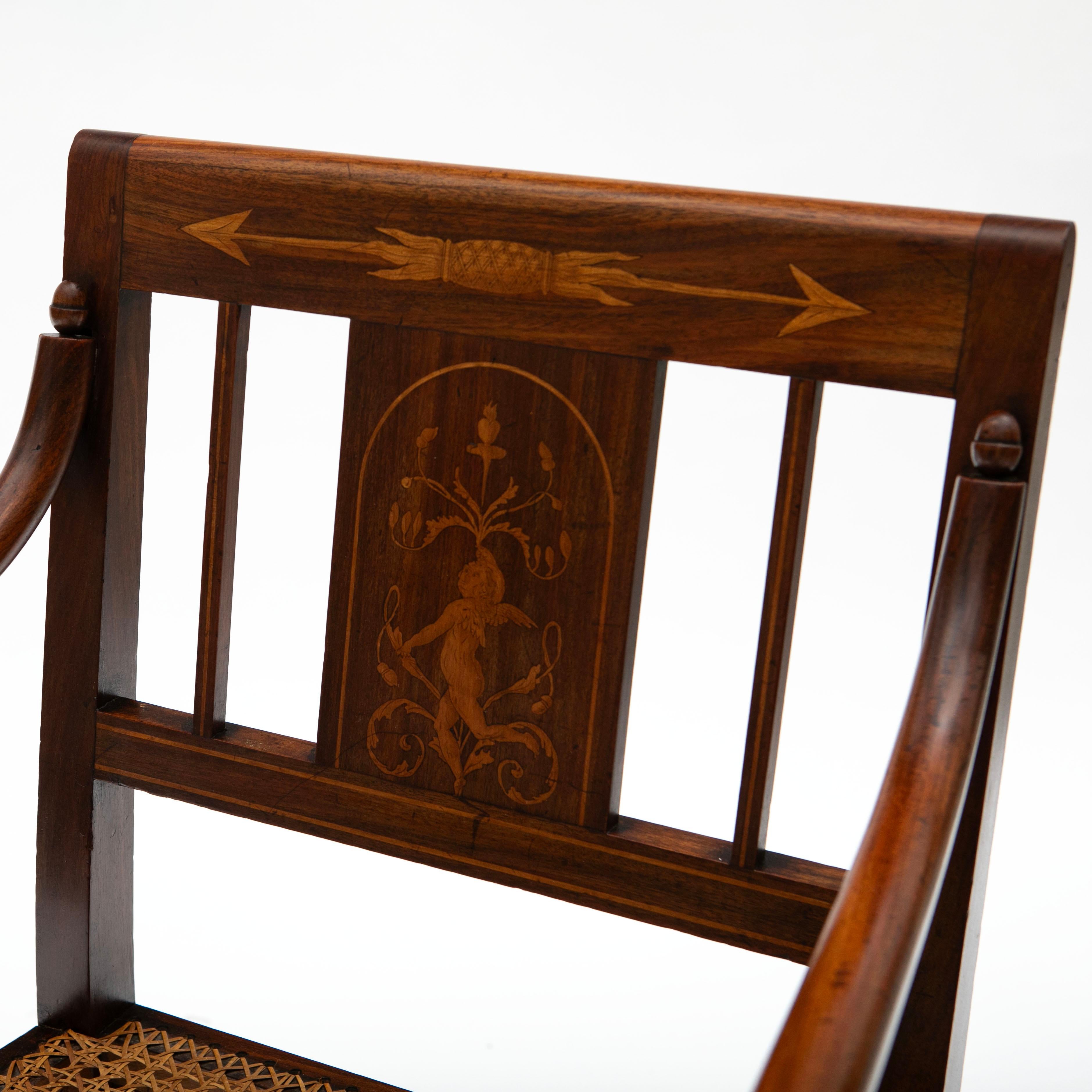 Pair of Empire Armchairs in Mahogany with Satinwood Inlays Original Cane Seat For Sale 3