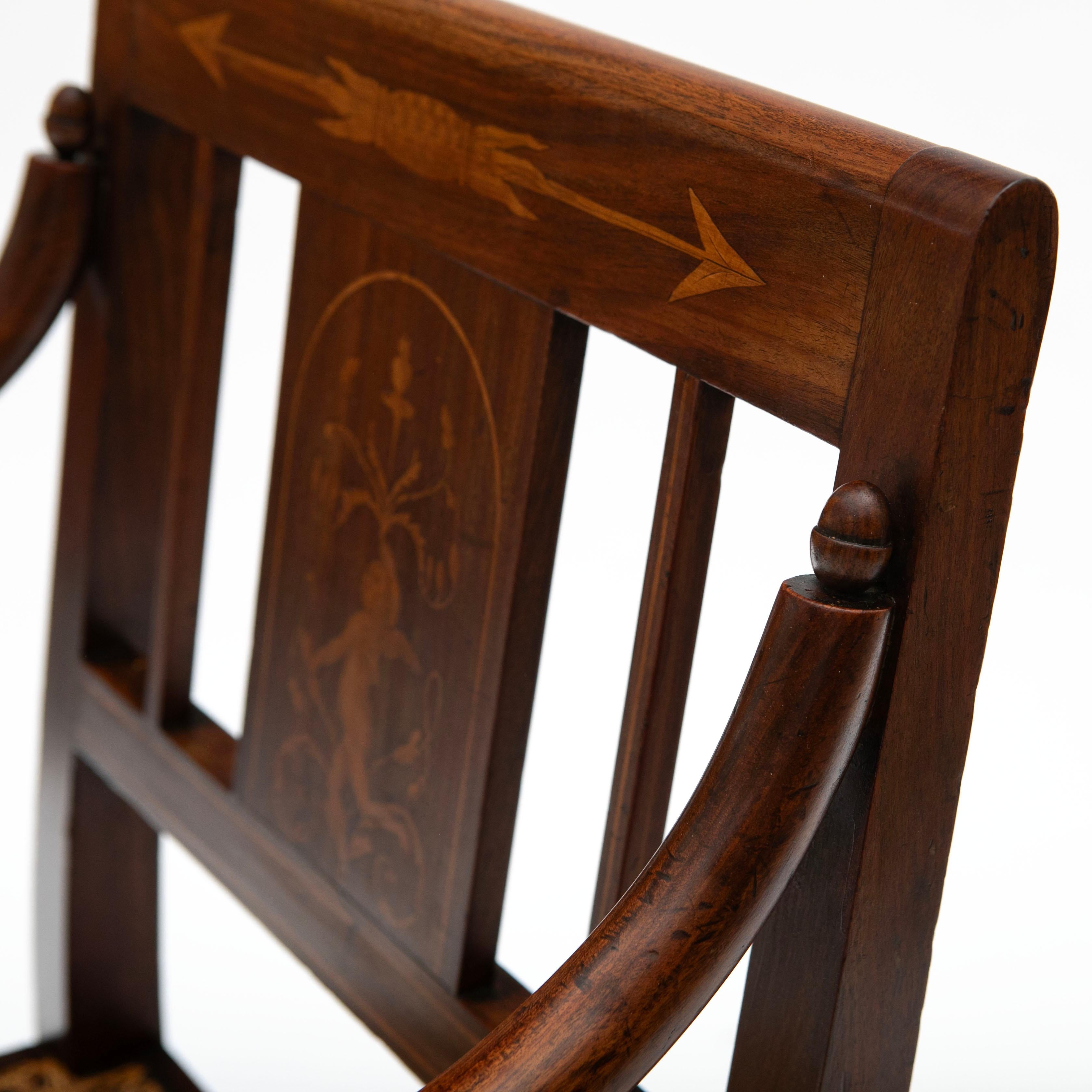 Pair of Empire Armchairs in Mahogany with Satinwood Inlays Original Cane Seat For Sale 4