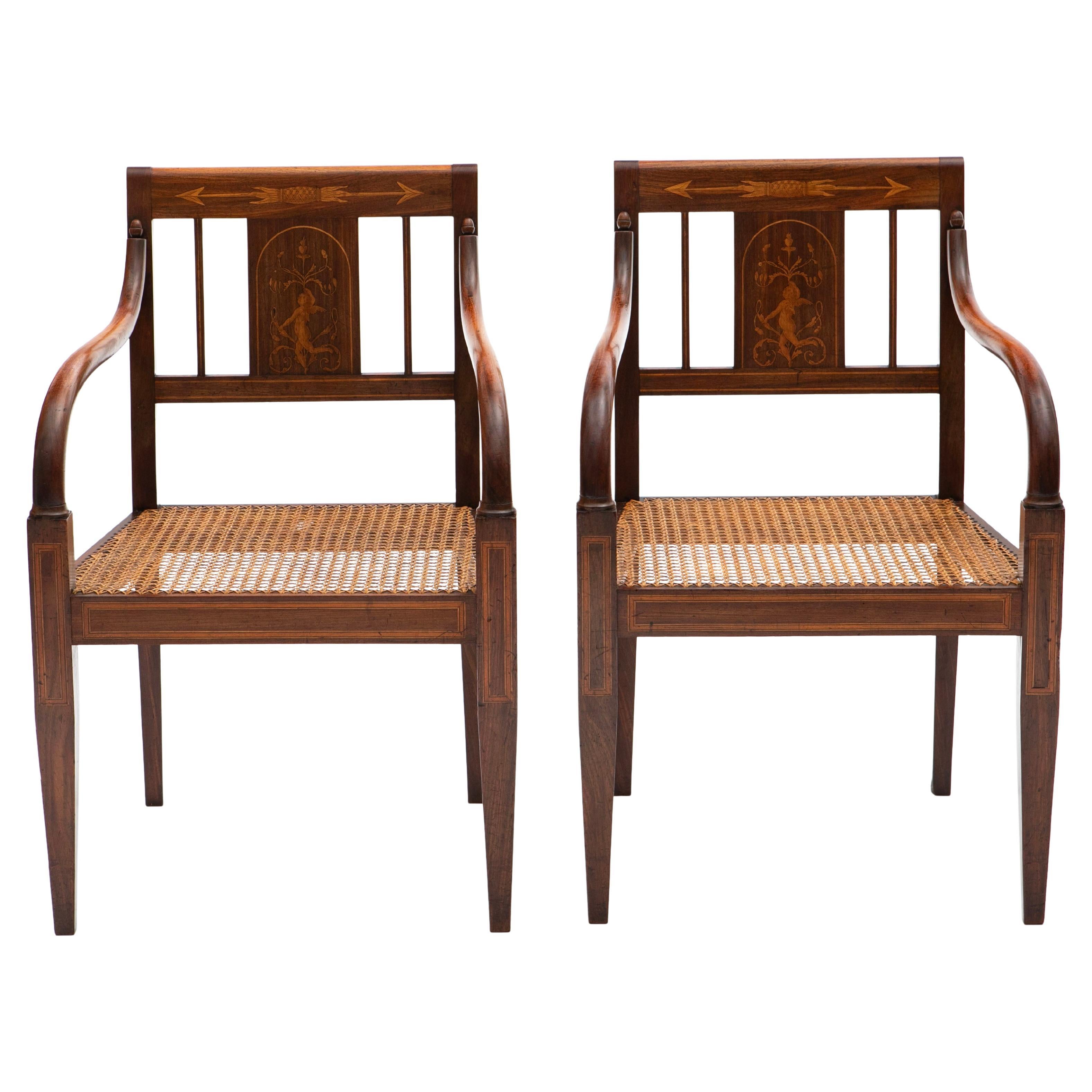 Pair of Empire Armchairs in Mahogany with Satinwood Inlays Original Cane Seat For Sale