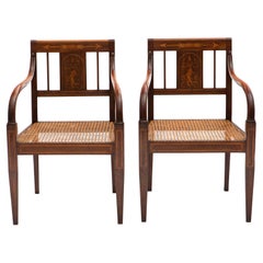 Pair of Empire Armchairs in Mahogany with Satinwood Inlays Original Cane Seat