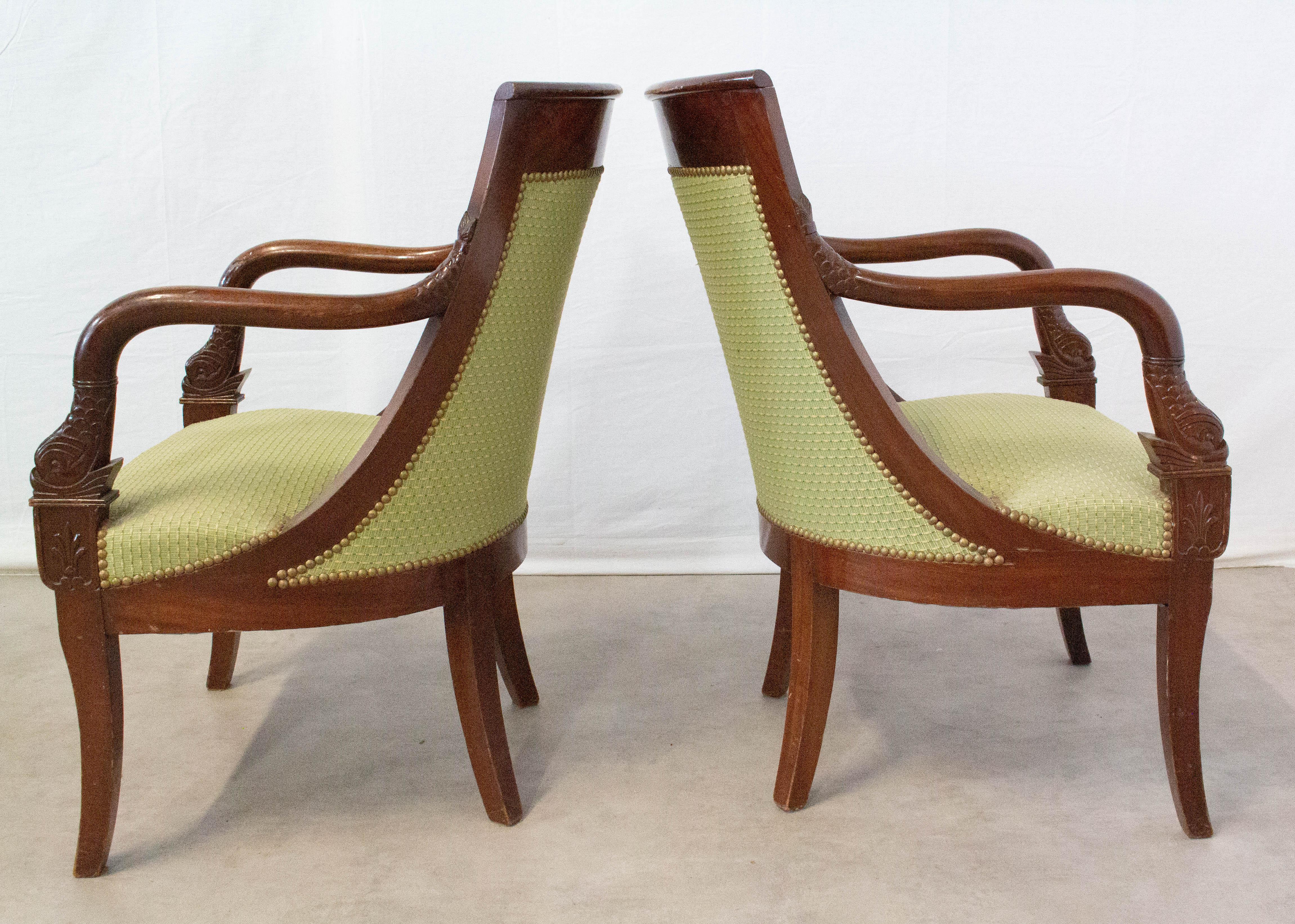 Pair of French Empire Revival open armchairs side or desk chairs,
early 20th century
The fabric can easily be changed to suit your interior
A few brands on varnish, please see photos.
Good vintage condition
Frames sound and solid.