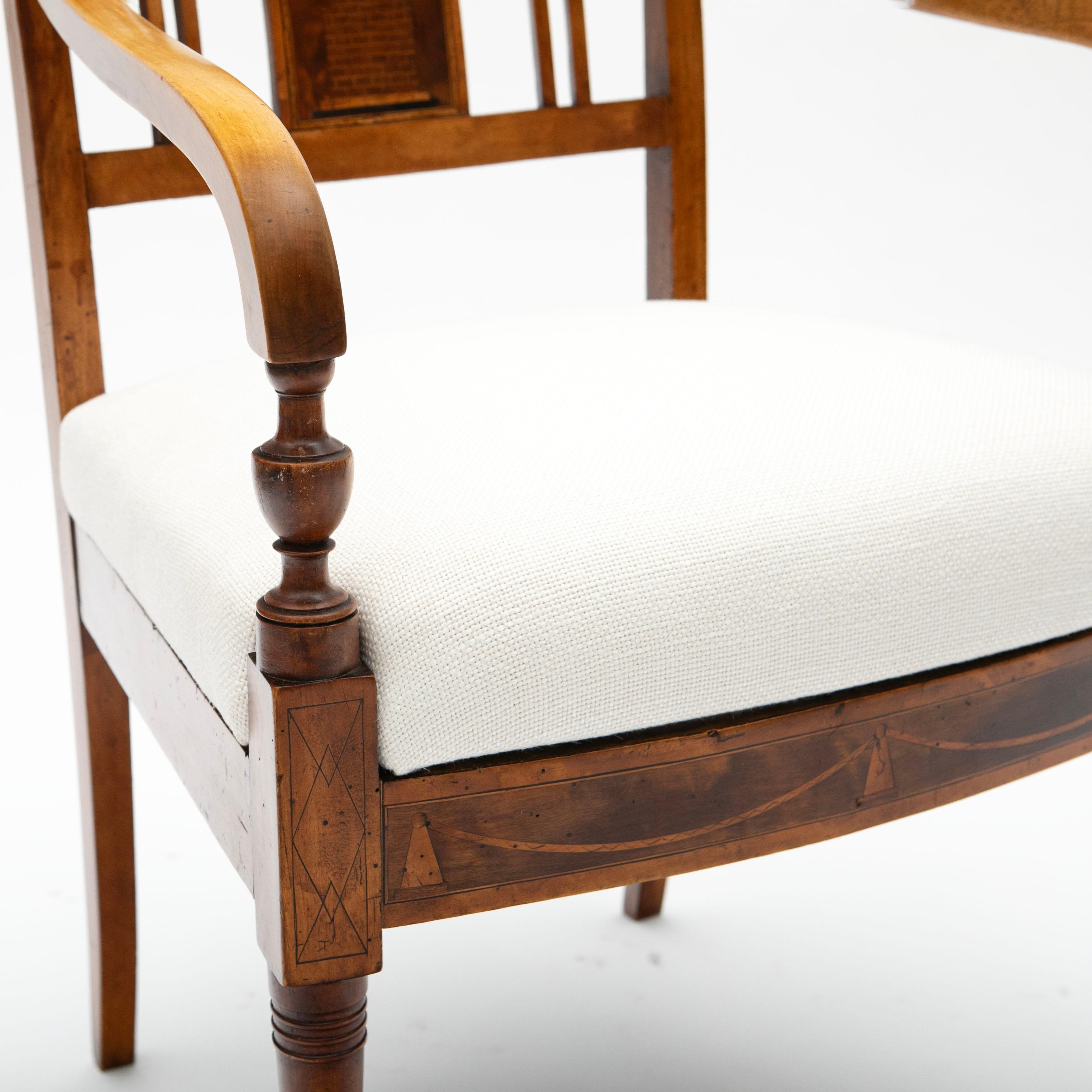 Paire de fauteuils Empire en bouleau et acajou avec incrustations et tapisserie en lin ivoire en vente 2