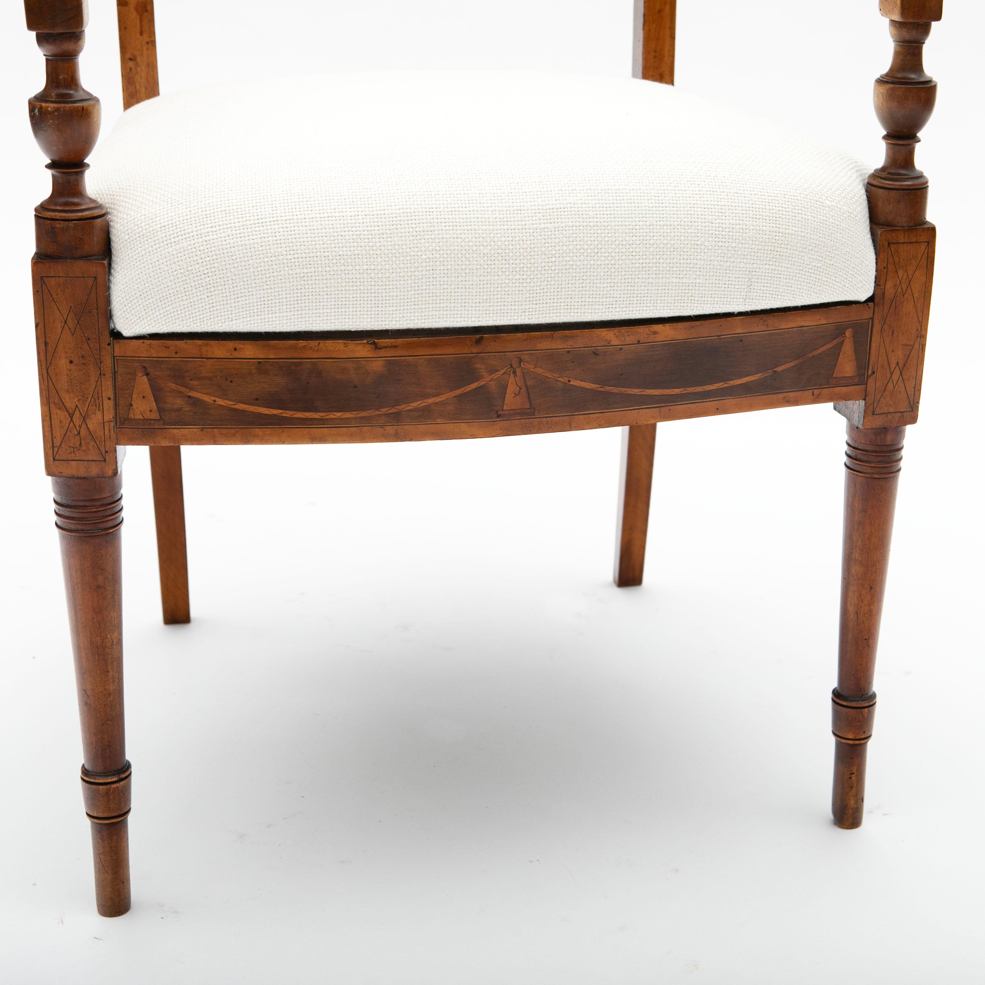 Paire de fauteuils Empire en bouleau et acajou avec incrustations et tapisserie en lin ivoire en vente 3
