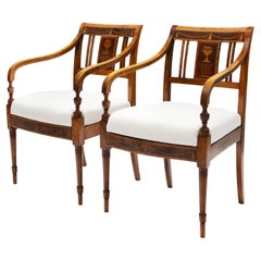Paire de fauteuils Empire en bouleau et acajou avec incrustations et tapisserie en lin ivoire