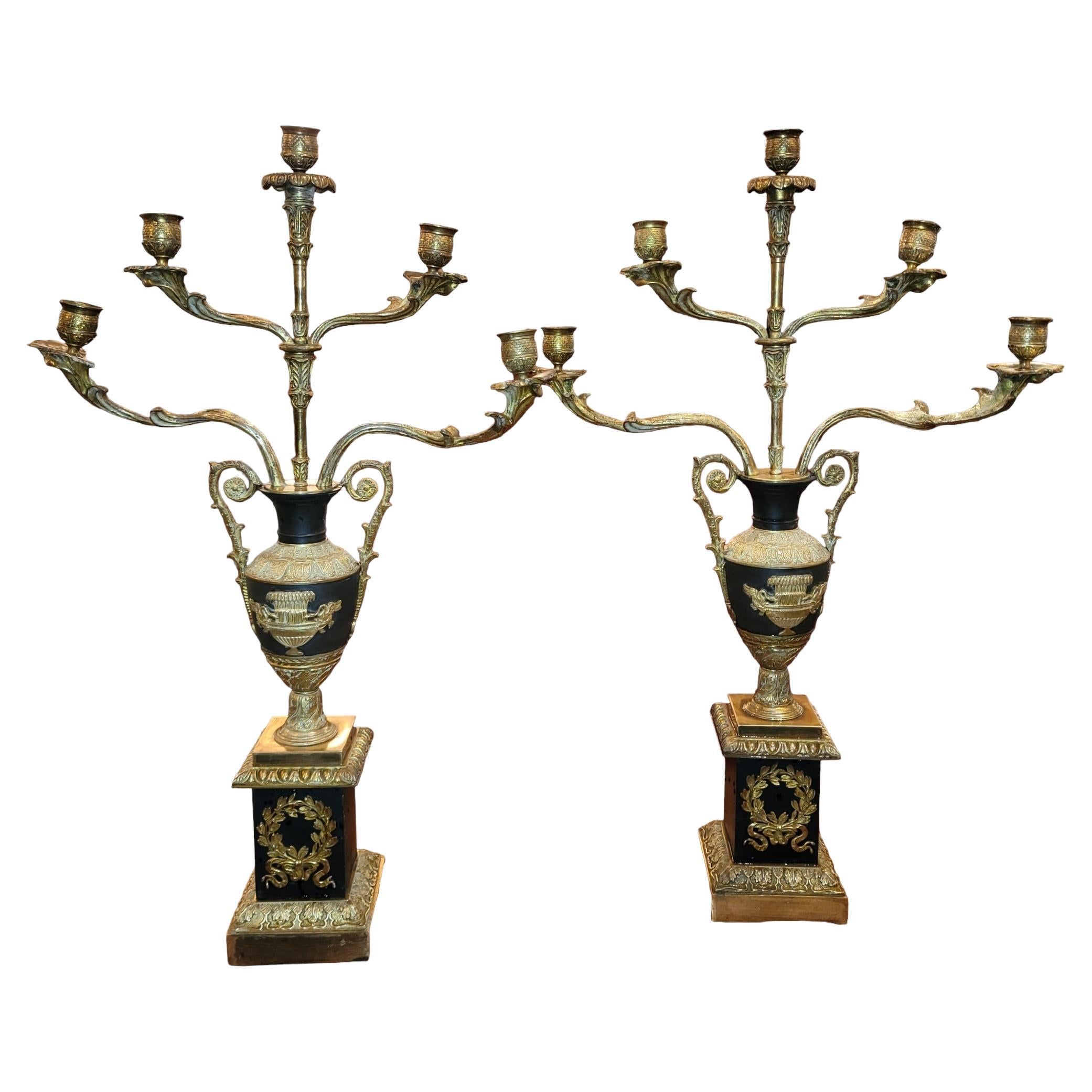 Pair of Empire Bronze 5 Light Candle Sticks For Sale