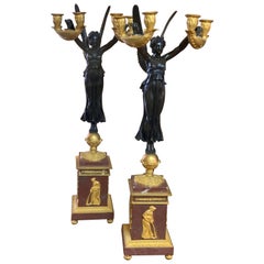 Pair of Empire Bronze and Ormolu Red Marble Candelabras Attributed to Thomire
