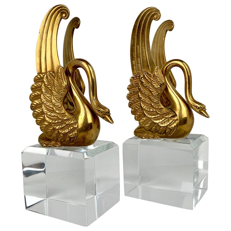 Bronze Doré Empire Swans Custom Mounted on Lucite Plinths