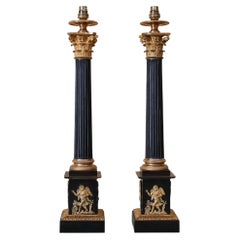Pair of Empire Bronze & Mercury-Gilt Column Lamps