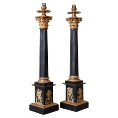 Pair of Empire Bronze & Mercury-Gilt Column Lamps