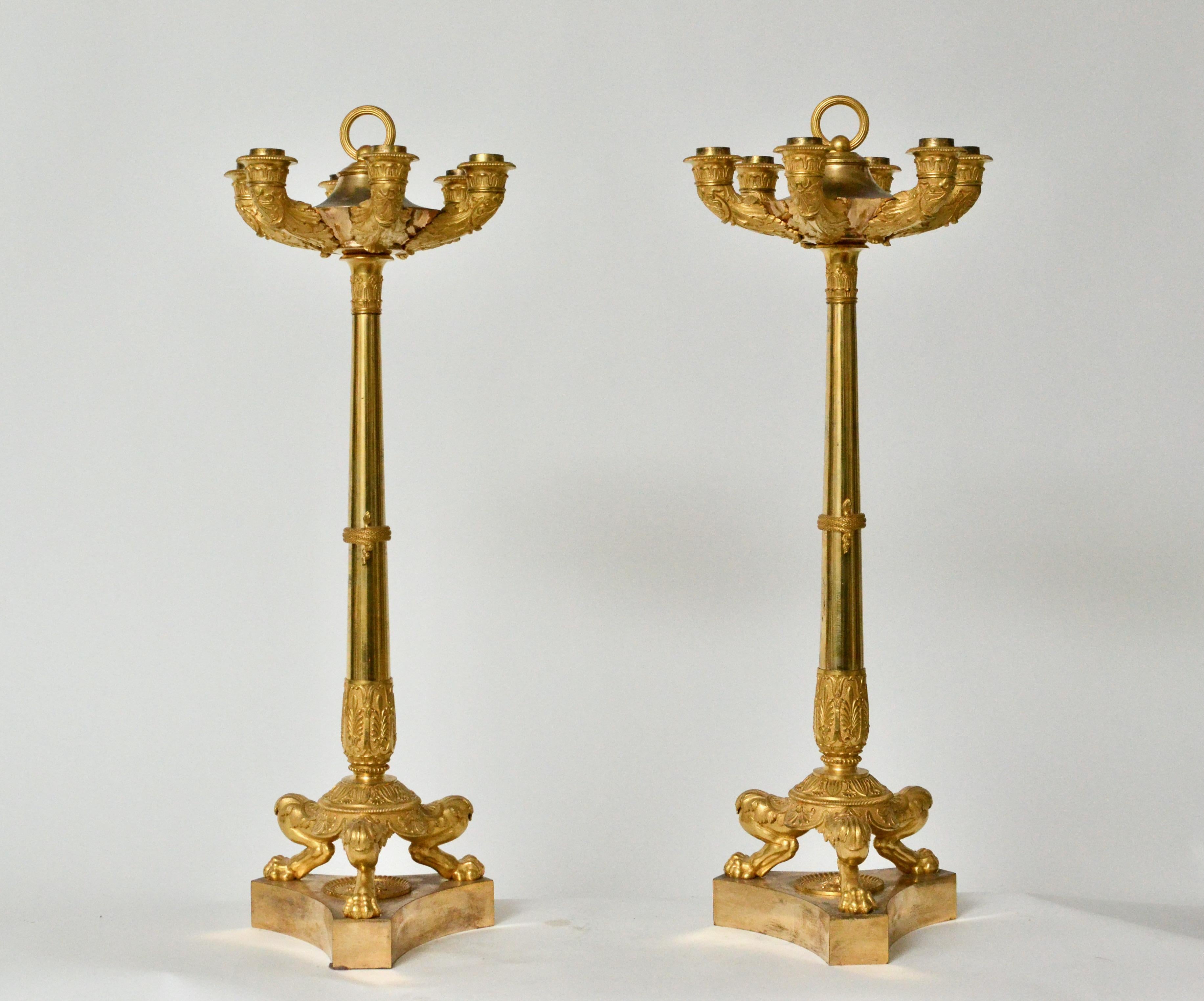 A large pair of fine French gilt bronze candelabra. Made circa 1820-1825. Fine quality and the gilding is in good condition.