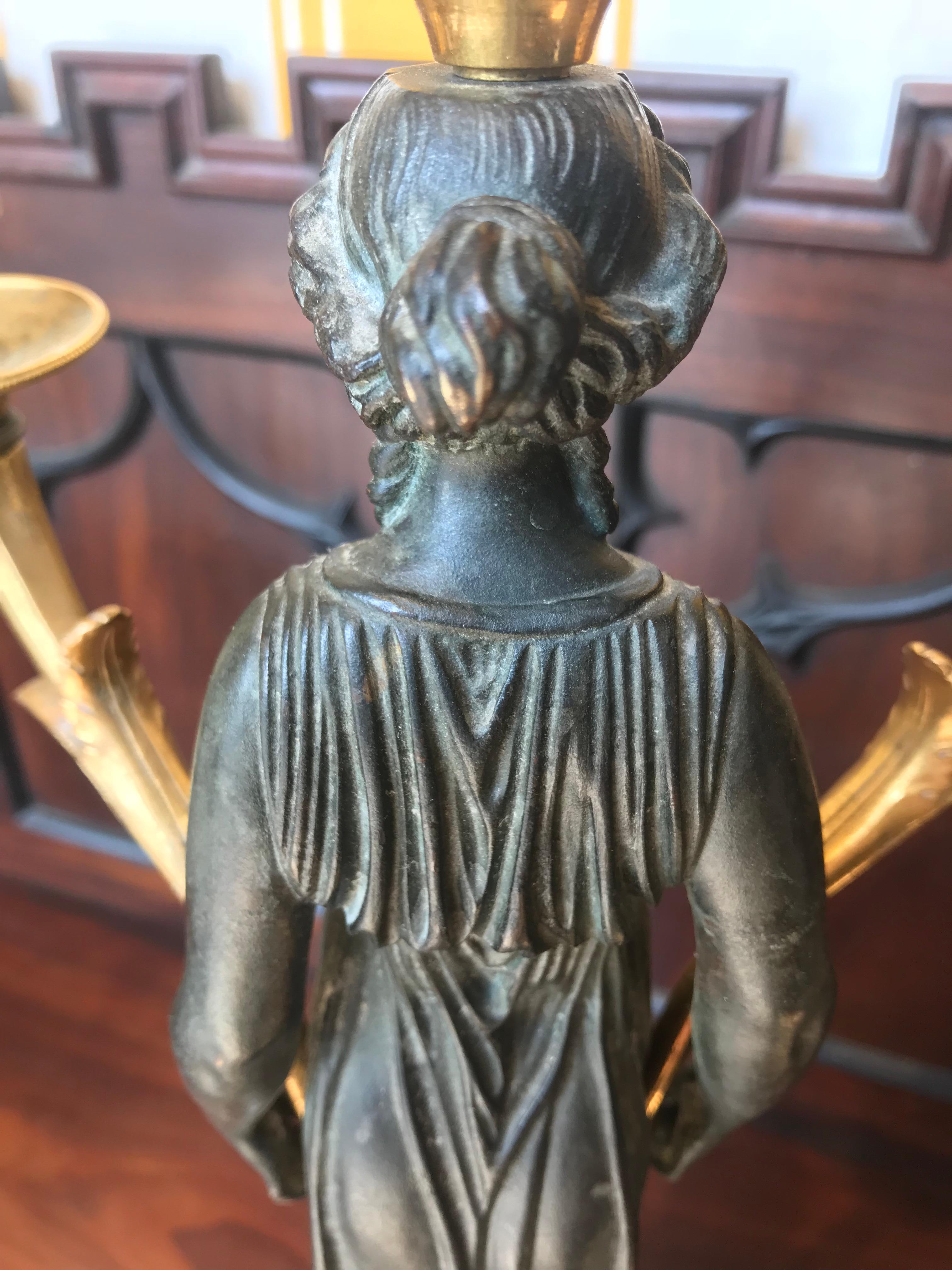 Pair of Empire Candelabra of Ormolu and Patinated Bronze and Marble In Excellent Condition For Sale In Essex, MA