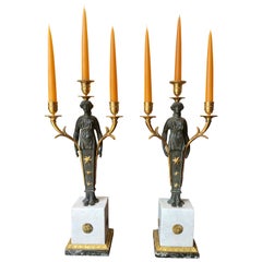 Pair of Empire Candelabra of Ormolu and Patinated Bronze and Marble