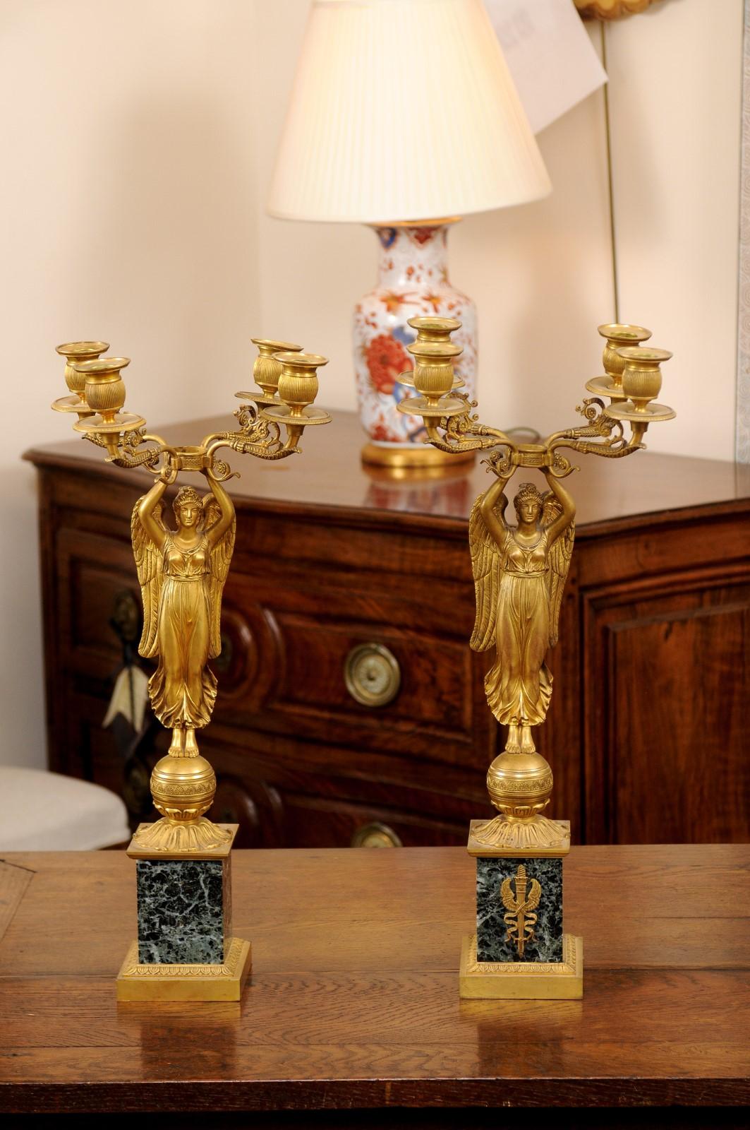 Pair of Empire Candelabra with Green Marble Bases & 4 Candle Holders For Sale 5