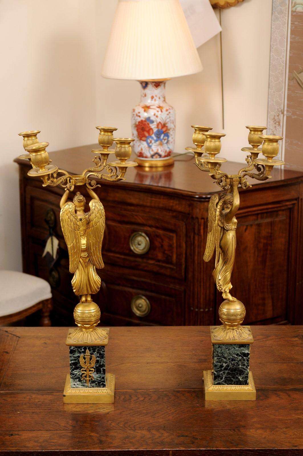 European Pair of Empire Candelabra with Green Marble Bases & 4 Candle Holders For Sale