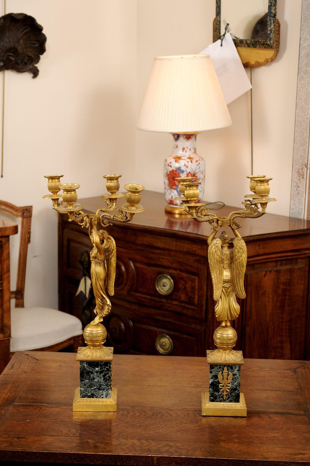 Pair of Empire Candelabra with Green Marble Bases & 4 Candle Holders In Good Condition For Sale In Atlanta, GA