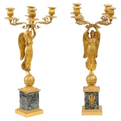 Paire de candélabres Empire avec bases en marbre vert et 4 porte-bougies