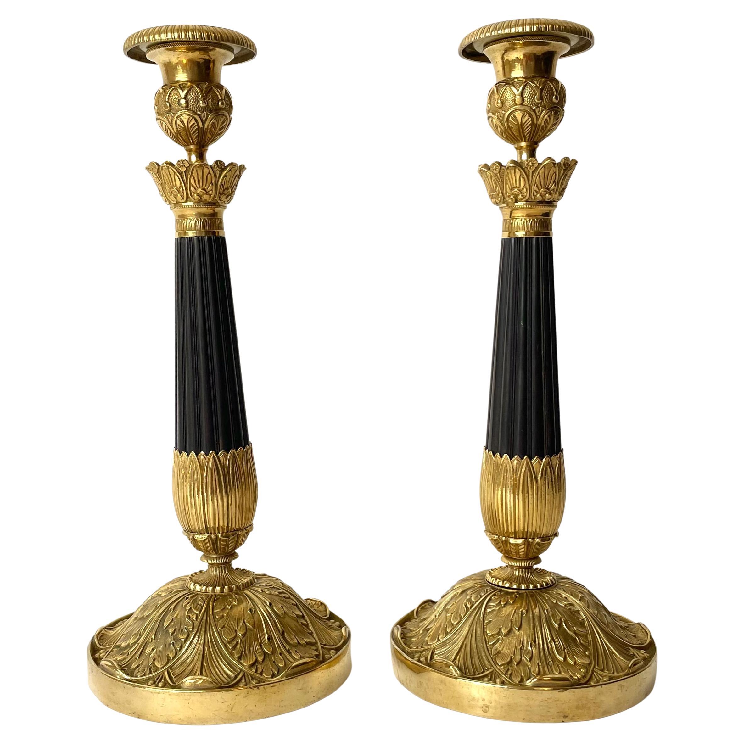 Pair of Empire Candlesticks, Gilded and Patinated Bronze, Early 19th Century For Sale