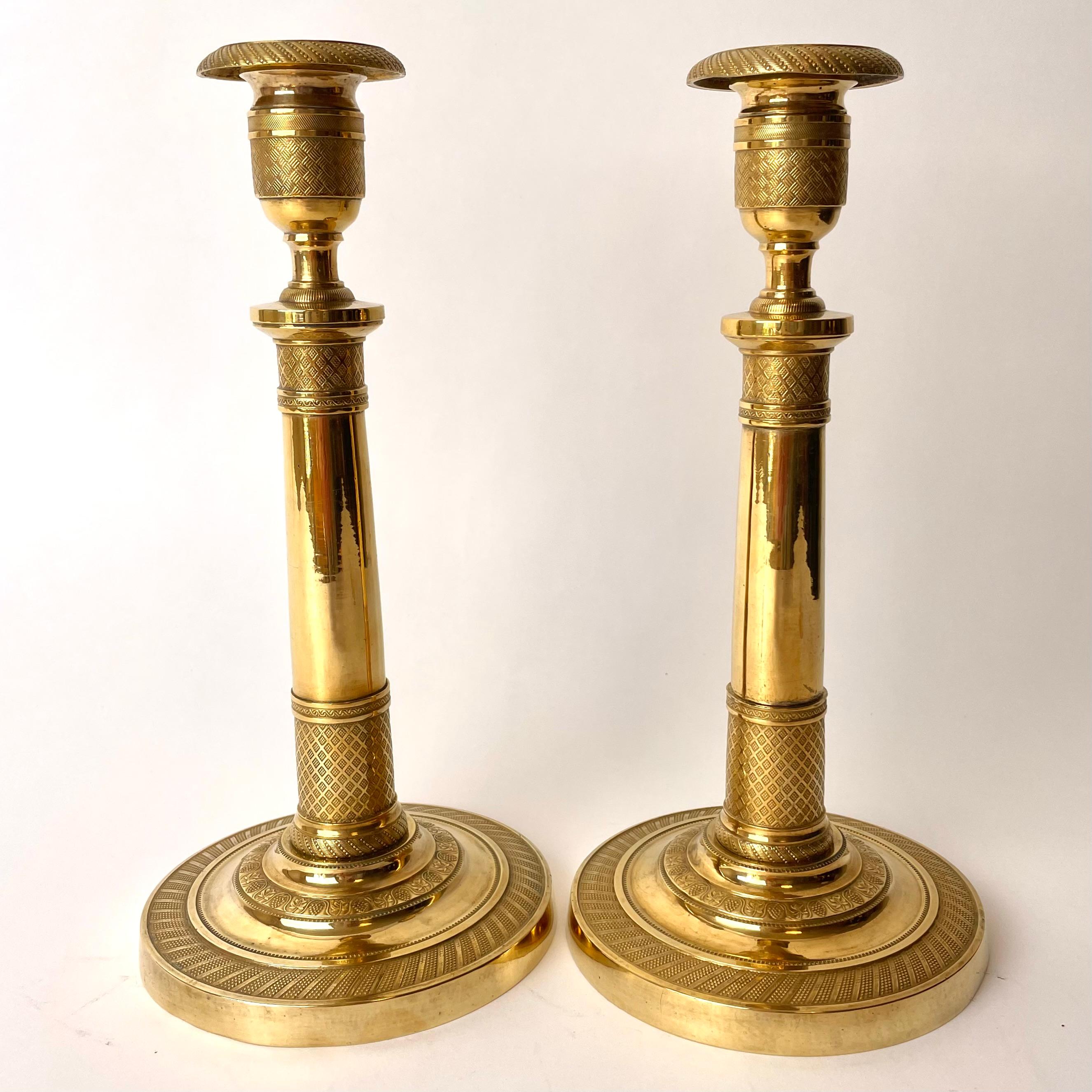 French Pair of Empire Candlesticks, Gilded Bronze, France, Early 19th Century