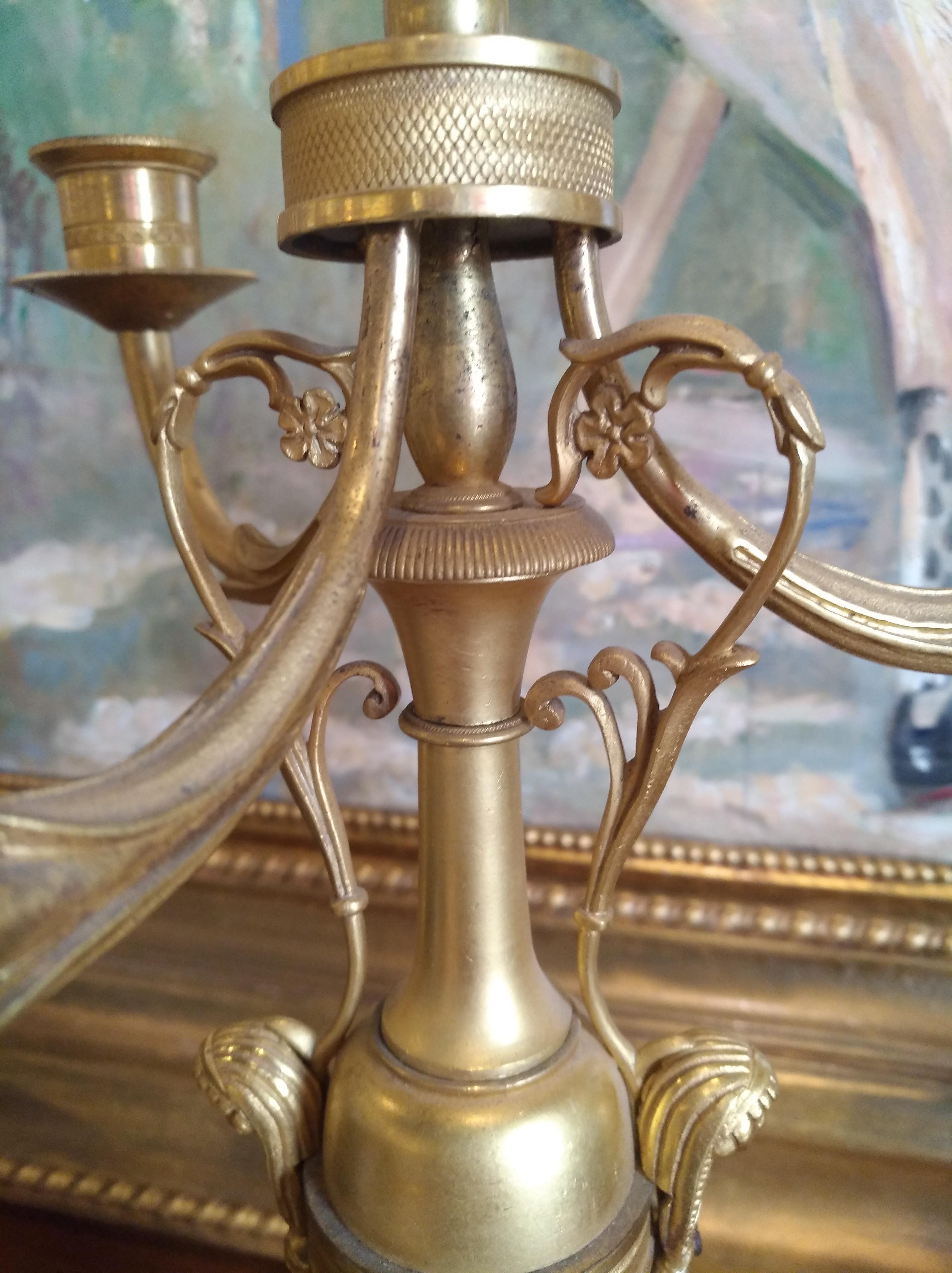 Pair of Empire Candlesticks, Golden Bronze Lapis Bases Empire 1830 Sphinx For Sale 1