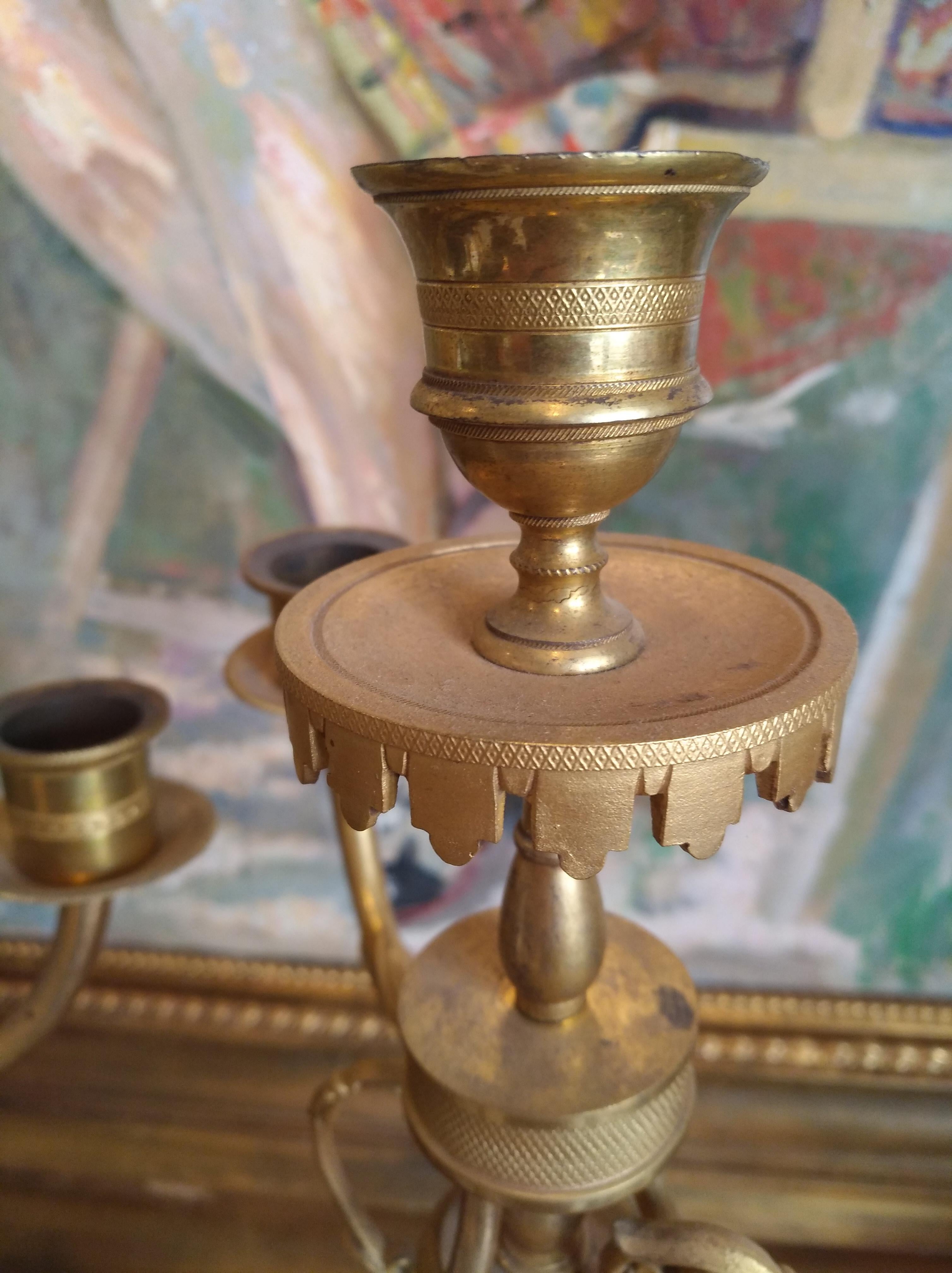 Pair of Empire Candlesticks, Golden Bronze Lapis Bases Empire 1830 Sphinx For Sale 2