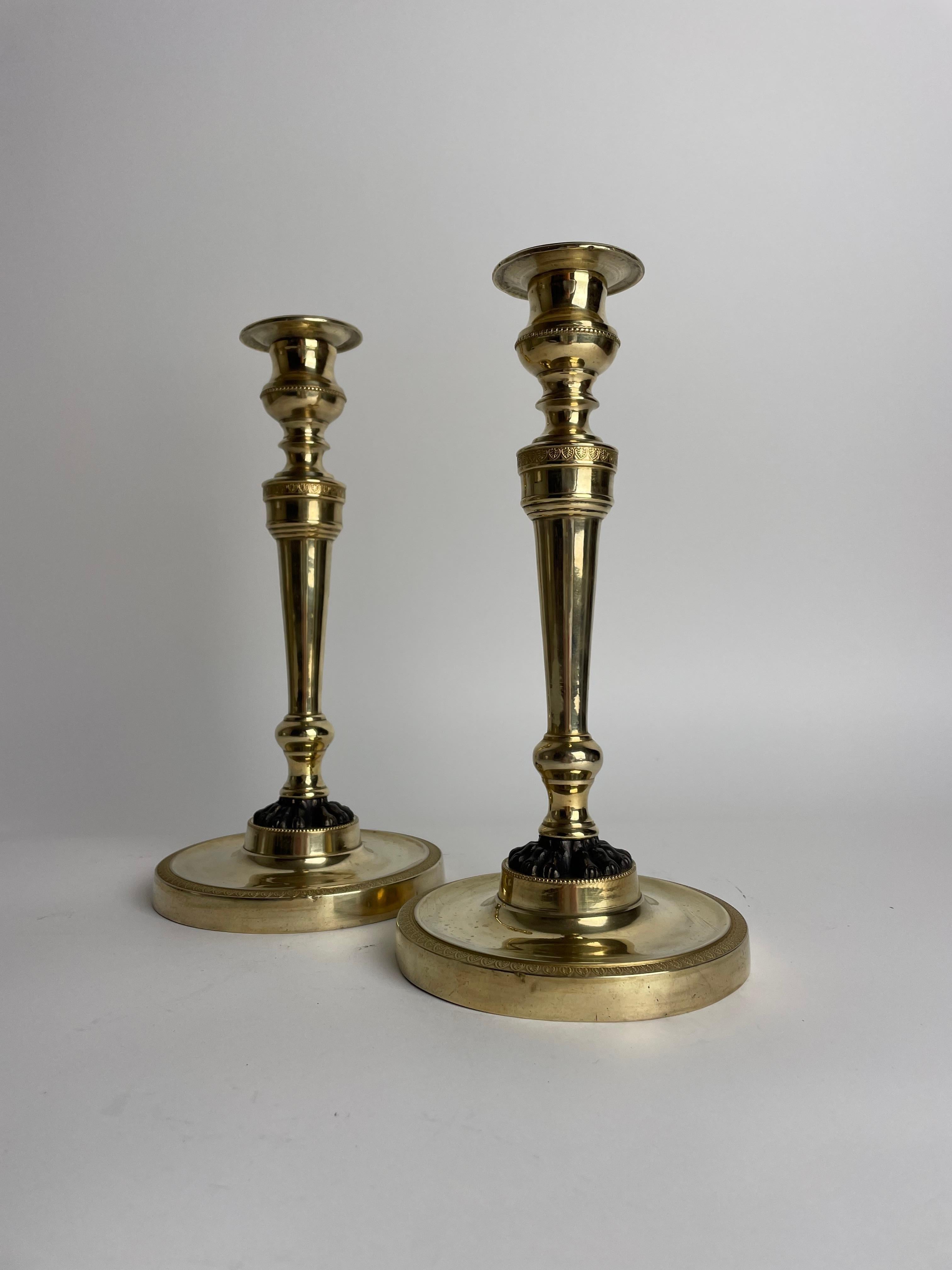 Bellissima coppia di candelieri Impero in bronzo dorato con zampe di leone patinate scure. Realizzato in Francia negli anni '10 del XIX secolo. Un design d'epoca.

Usura coerente con l'età e l'uso 