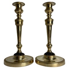 Coppia di candelieri Impero in bronzo dorato con zampe di leone patinate scure. 1810s