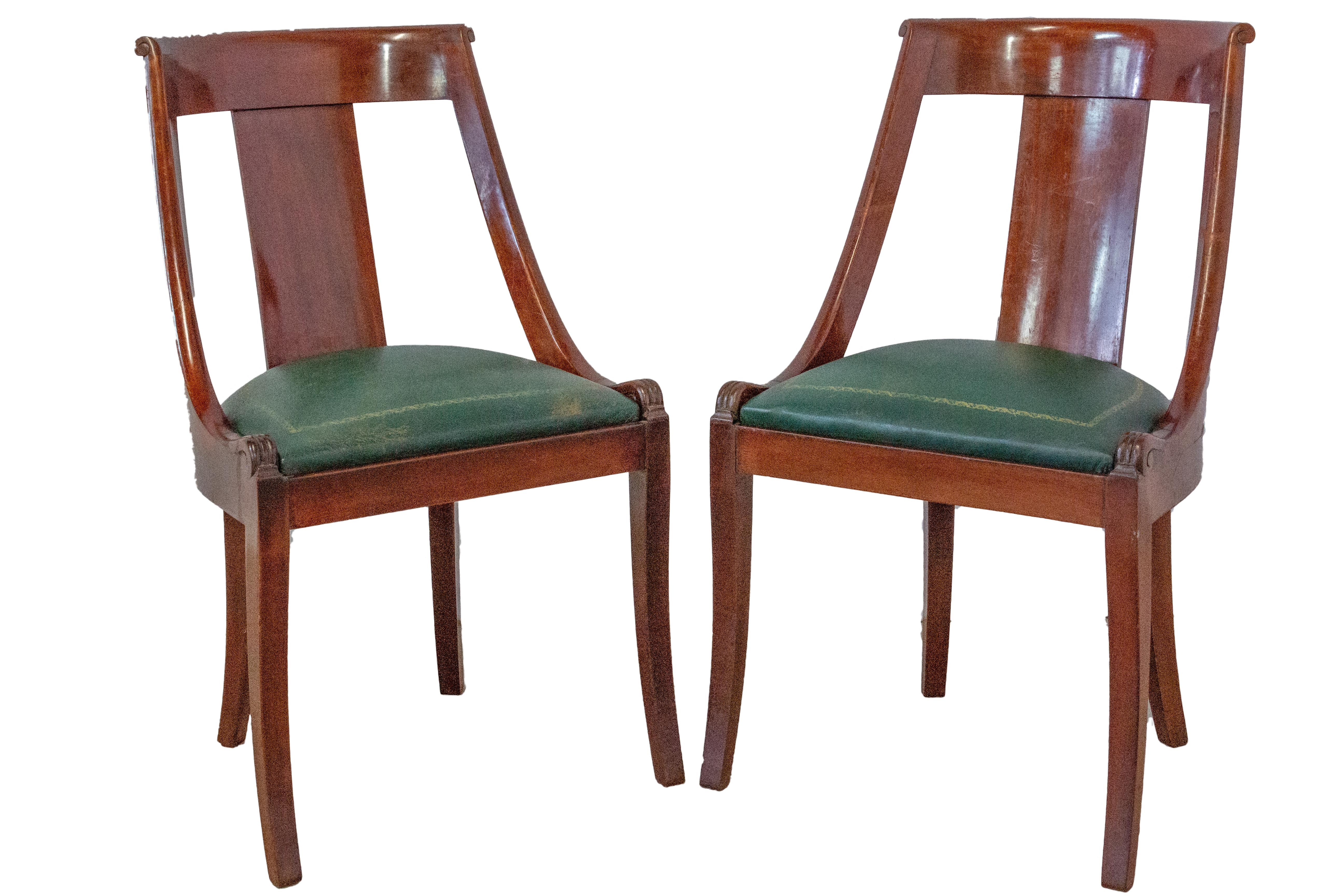 French Empire Revival Side Chairs  
Early 20th century
The green leather seat can easily be changed to suit your interior
Good vintage condition with nice patina
Frames are sound and solid.




  