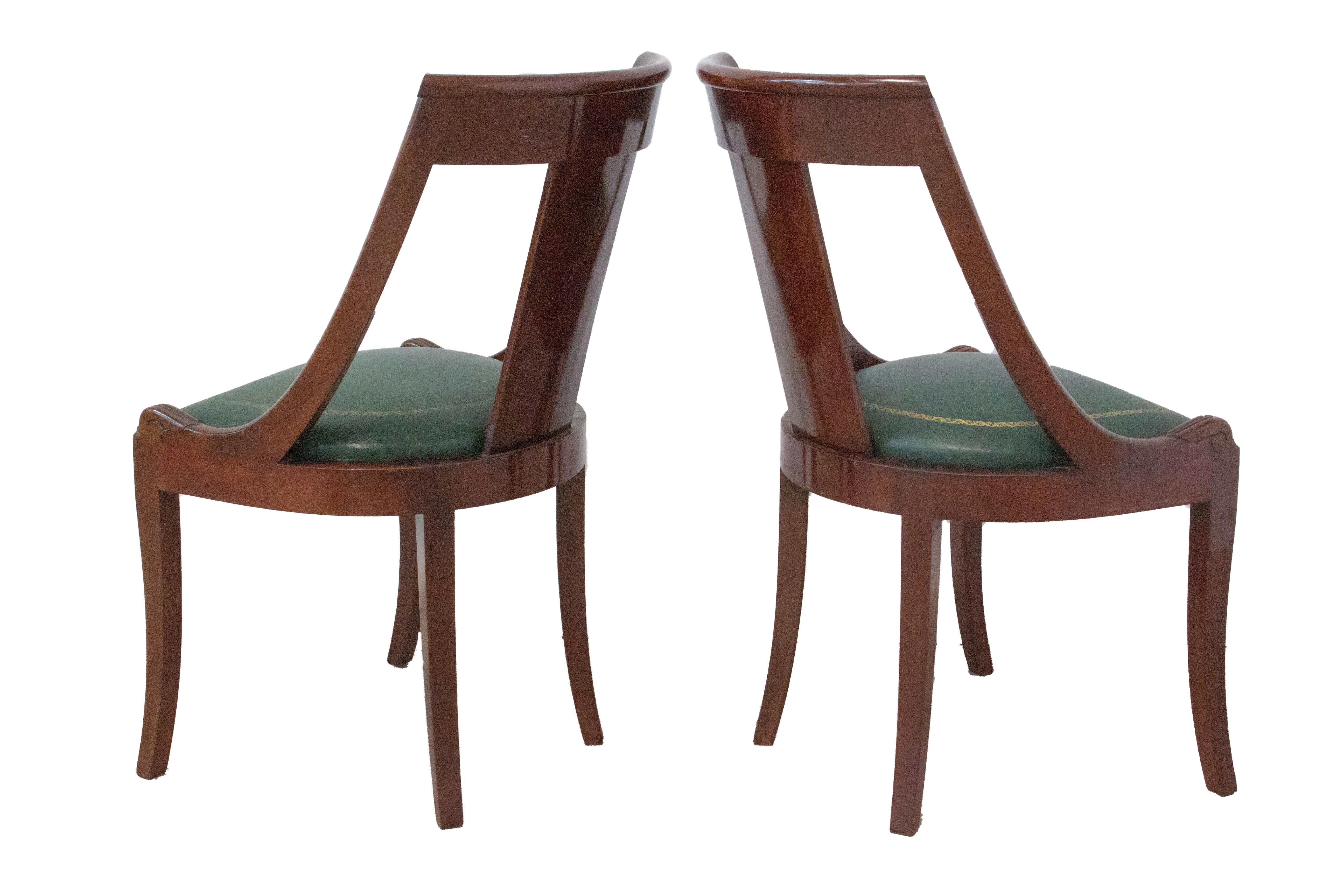 Pair of Empire Chairs French 20th Century Green Leather In Good Condition For Sale In Labrit, Landes