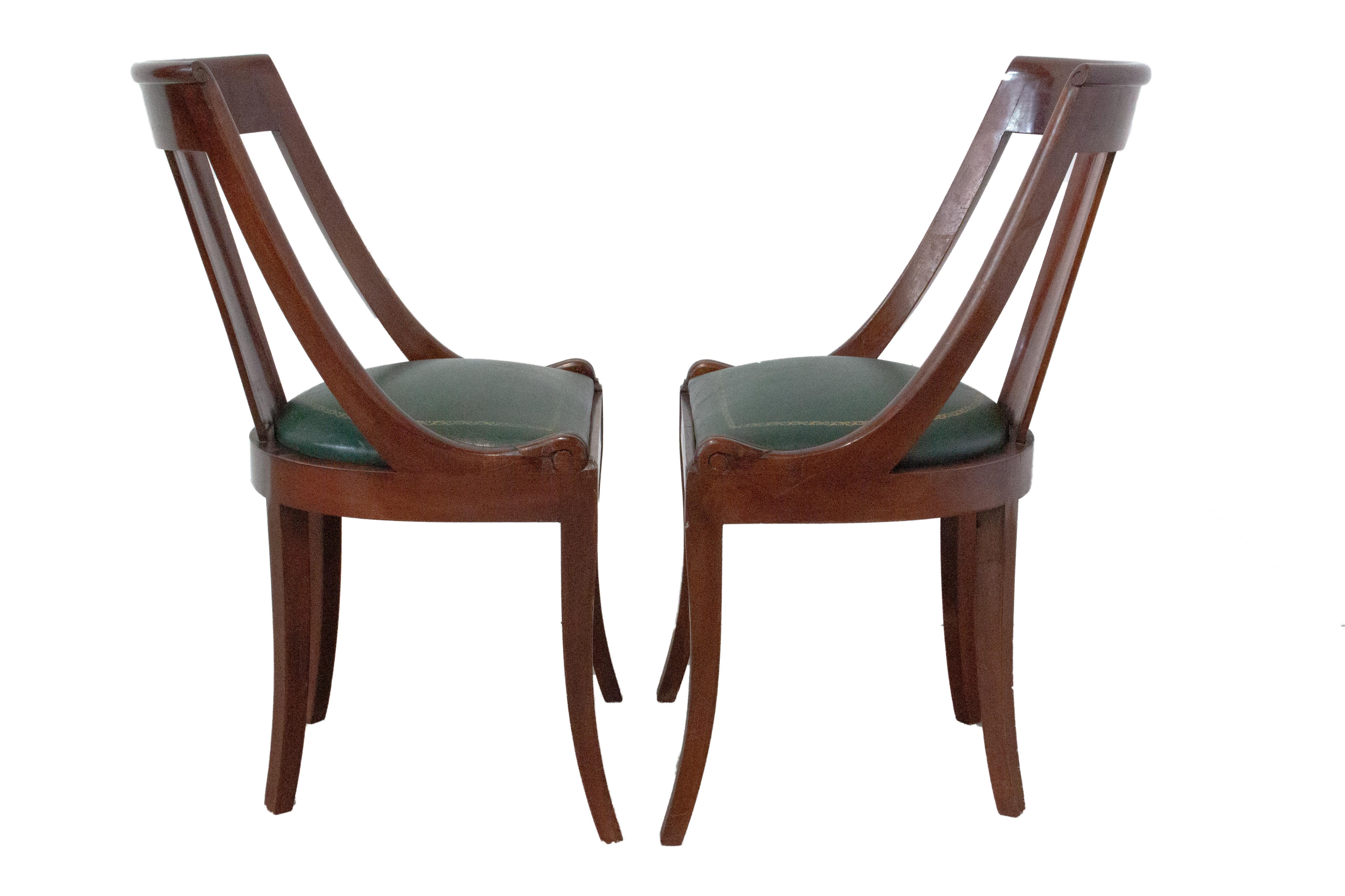 Pair of Empire Chairs French 20th Century Green Leather For Sale 2